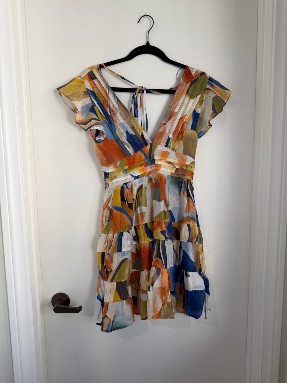 TCEC Multicolor V-Neck Tiered Mini Dress in Blue, Orange, Green, Cream, Tan